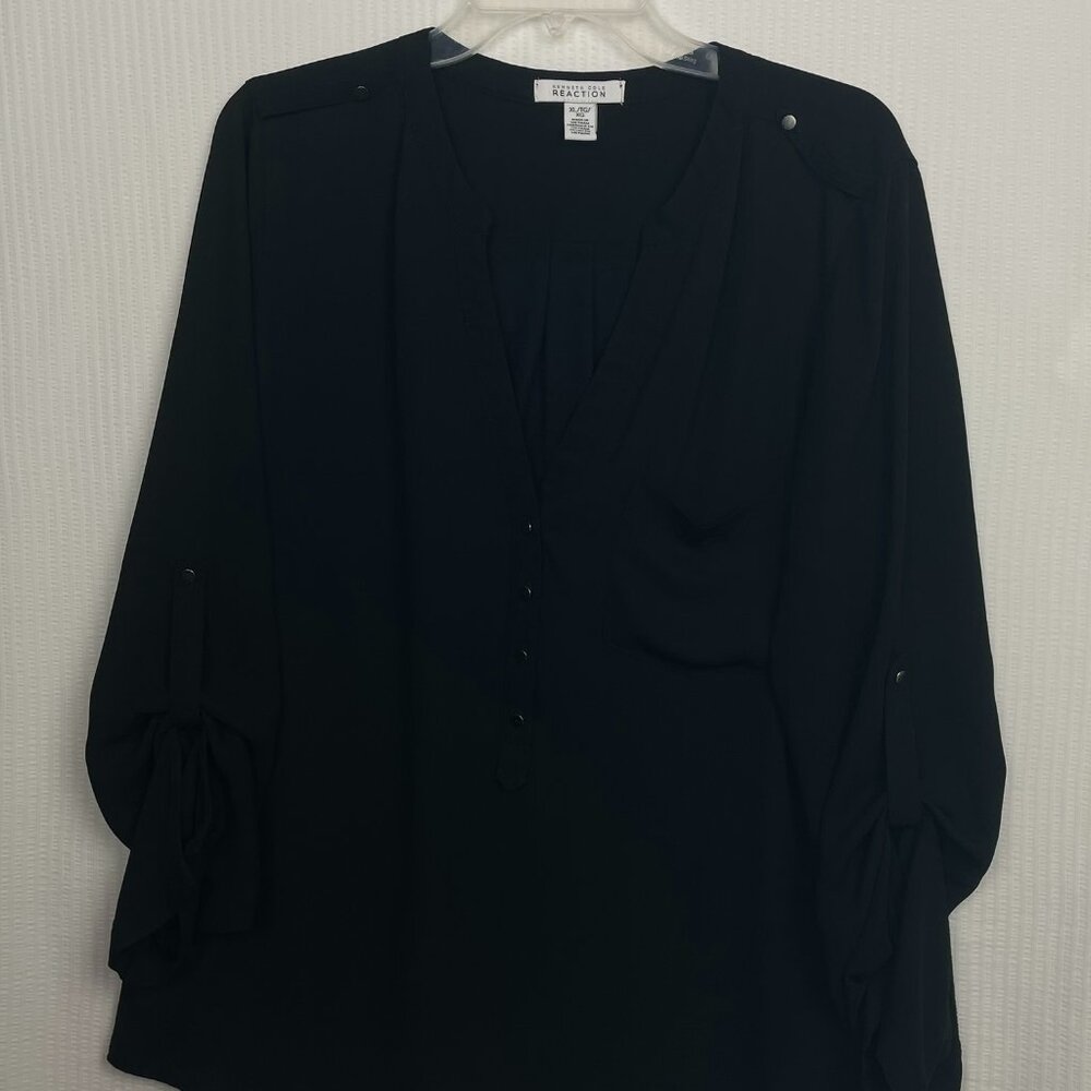Kenneth Cole REACTION Womens Poly Crepe/Knit Tunic V-neck Blouse Black Size XL